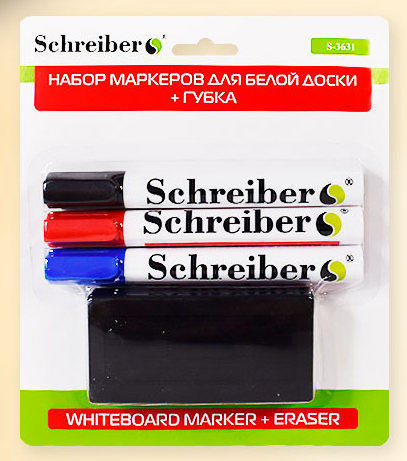 Набор маркеров для белой доски + губка, 3 шт (черный, красный, синий), в блистере S-3631